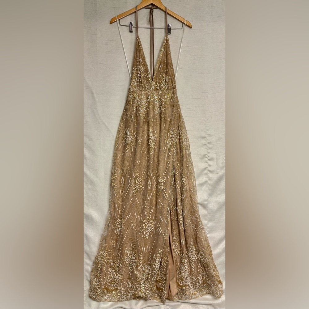 Hello Molly | NWT Gold Sequin Backless Dress Wrap Tie Slit Prom Formal Sexy US 4 - Picture 2 of 13